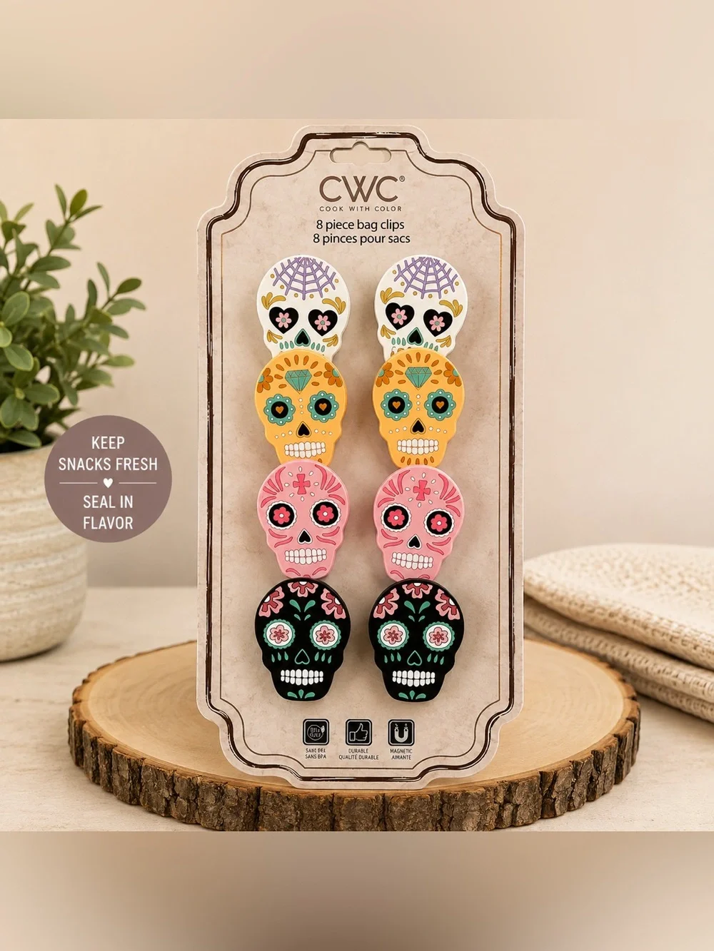 CWC Sugar Skull Decorative Bag Clips - Multicolor (8 Piece)